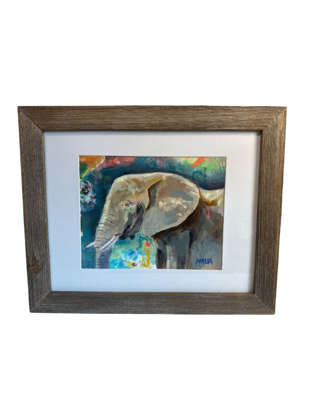 Framed Abstract Elephant Original Painting Signed Amelia Rustic Wooden Frame